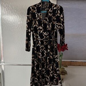 NWOT Banana Republic Elegant Black and Brown Patterned Faux wrap Dress, L